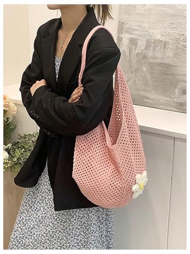 OYOANGLE Women's Floral Applique Crochet Beach Tote Bag Summer Boho Mesh Woven Tote Bag - color: Pink