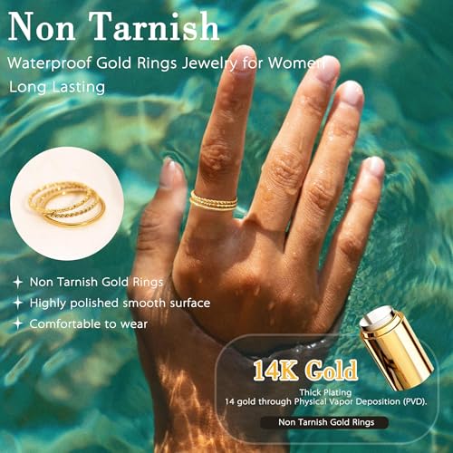 Gokeey Gold Rings for Women Non Tarnish, Dainty 14K Gold Plated Stackable Thin Thumb Ring Set Trendy Pinky Wedding Bands Engagement Rings for Women Size 4 5 6 7 8 9 10 11 - color: Gold, size: 9