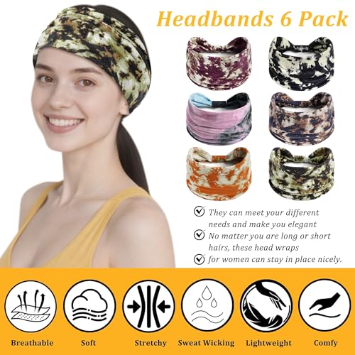 6 Pack Boho Style Women's Headbands, Non slip Fashion Wide Elastic hairband, Daily Sports Yoga Workout Women's Hair Bands,Floral Print-Splashing Ink - color: Type 9