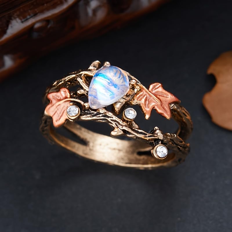 Retro Teardrop Synthetic Moonstone Maple Leaf Ring for Women Daily Banquet Vacation Unique Jewelry - color: Copper Brown