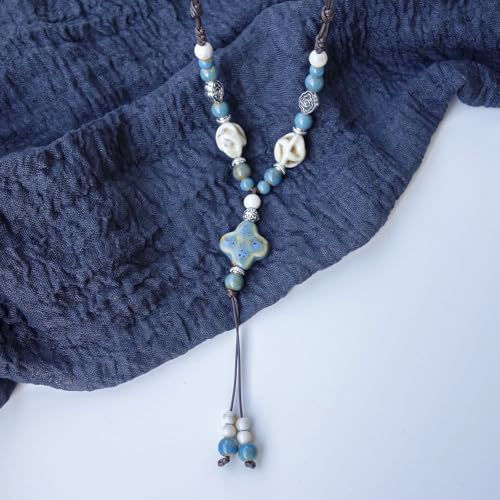 Boho Style Colorful Ceramic Bead Strand Necklace Adjustable Bohemian Jewelry Gift for Women, Fashion Clothing Matching Necklace - color: Speckled Teal