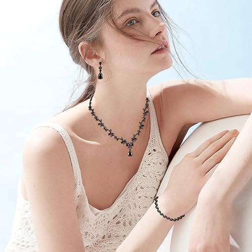 Jewelry Set for Women, Necklace Dangle Earrings Bracelet Set with White AAA Cubic Zirconia, Allergy Free Wedding Party Jewelry for Bridal Bridesmaid - color: Necklace+Braclelet+Earrings-Black