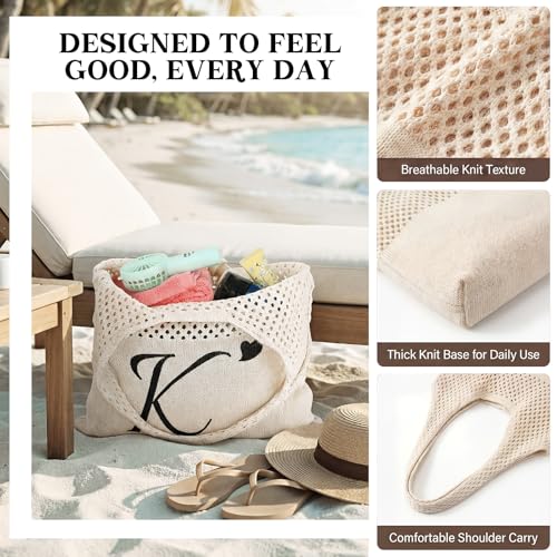Shinylin Personalized Crochet Tote Bag for Beach Women Beige Mesh Knit Shoulder Bag Boho Aesthetic Tote for Women - style: Letter K