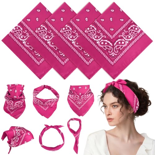 PLULON Bandanas for Men Women 4/12/24/30 Pack, Paisley Pattern Bandana Bulk Headbands Handkerchief Face Mask 100% Polyester - color: Hot Pink
