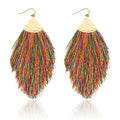 Bohemian Silky Thread Fan Fringe Tassel Statement Earrings - Lightweight Strand Feather Shape Dangles - color: Feather Fringe - Dark Multicolor