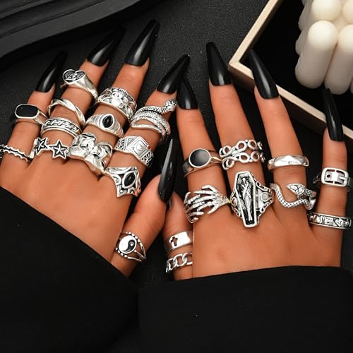 FAXHION 24-60 Pcs Gold Stackable Rings for Women, Knuckle Rings Chunky Gold Ring Set Dainty Stacking Cute Rings, Multiple Sizes Cute Jewelry Set Gift - style: Halloween skeleton