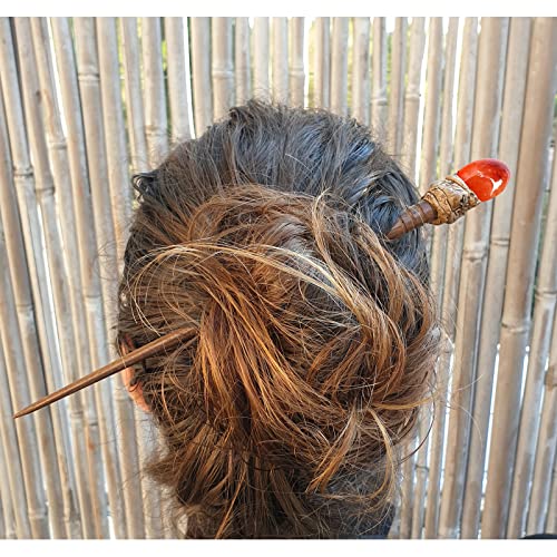 Natural Tumbled Healing Gemstone Crystal Wooden Hair Stick Handmade Gifts Boho Reiki by Smoky Quartz (Carnelian) - color: Carnelian