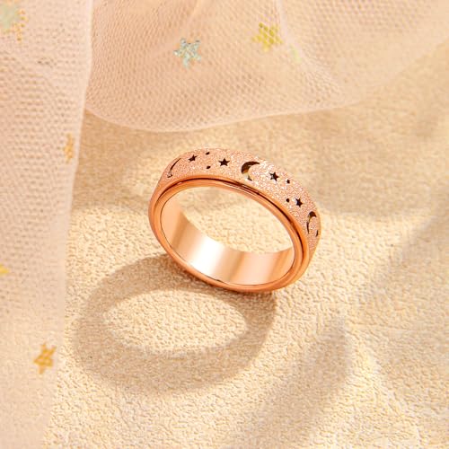 Anxiety Ring for Women Spinner Rings:Rotating Rings Stainless Steel 6mm Moon Star Anxiety for Men Band Jewelry Gift for Women Size 6 7 8 9 10 - color: B-Rose Gold