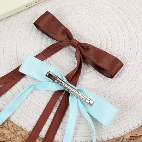 WORTL Hair Bows Clips Coquette Ribbon Bowknot with Long Tail Princess Hair Bows French Barrettes Hair Accessories for Women Girls 16PCS (Wine Red, White, Aquamarine, Brown) - color: Wine Red, White, Aquamarine, Brown