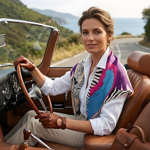 Premium Floral Scarf for Women 35x35 Square Silk Feel-Lightweight Scarves Headscarf Bandanas Wrapping Handbag - color: Zebra Pegasus (Cream/Pink/Purple)