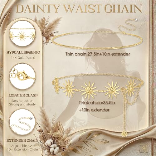 Florideco Waist Chain Belt for Women, Layered Belly Chain, Waterproof Boho Pearl Concho Cuban Body Chain, Adjustable Summer Beach Coachella Fashion Jewelry for Jeans Dresses - style: Gold Plated-Sun&Cuban Chain