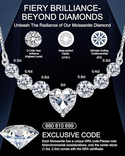 Moissanite Necklace for Women, 1.7-7.6 Carat Heart Necklace Engraved 'I LOVE YOU' Gift for Wife, Wedding Anniversary Birthday Gifts for Women, Jewelry Gifts for Her Wife Mom Girlfriend Lady - style: Heart Moissanite-4.4 Carats