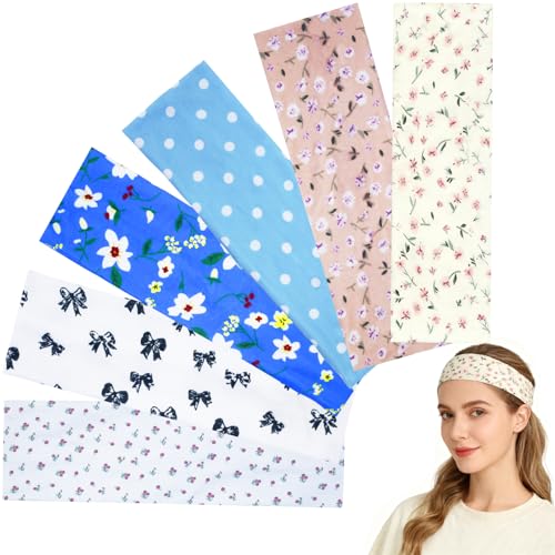 6 Pcs Anti-Slip Elastic Headbands for Women Soft Fabric Yoga Sweatbands with Floral Heart Print Stretchy, Sweat-Absorbent and Lightweight for Fitness, Running and Daily Wear - color: Headbands Color-Floral Print