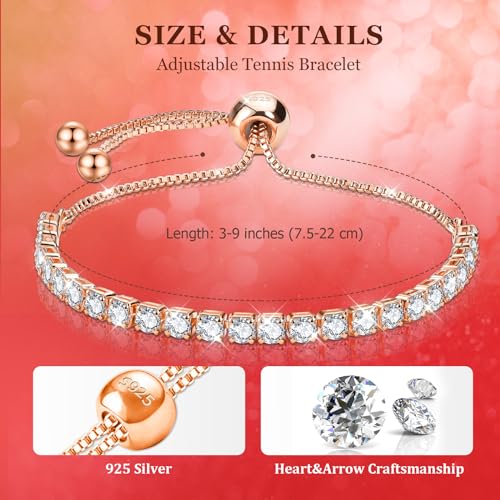 J.Fée Silver Bracelet, S925 Tennis Bracelet with Sparkling 5A Cubic Zirconia Silver Bracelets for Women Adjustable Bracelet for Women Bracelets Womens Bracelet Women Gifts for Women Mom - color: Rose Gold
