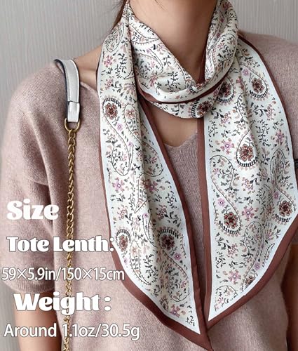 kcctoo 59” Long Silk Like Head Scarf Women's Fashion Square Neck Satin Scarfs for Bag Hair Scarves Gift 59 * 5.9” - color: D1 Coffee Flower Drop Shaped 59" X 5.9"