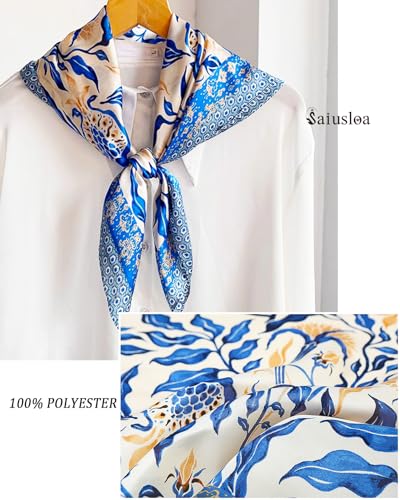 Saiusloa Neck Scarf For Womens Silky Head Scarves Hair Bandanas Square Scarf Fashion Accessories lightweight - color: 11-star Edge Blue Leaf
