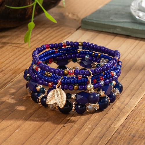 Caiyao 4Pcs Bohemia Multilayer Stackable Beaded Bracelets Set Colorful Crystal Stone Gold Beaded Stretch Bracelets Hawaii Charm Bracelet for Women Men Summer Beach Boho Vacation Jewelry Gifts - color: 7pcs dark blue