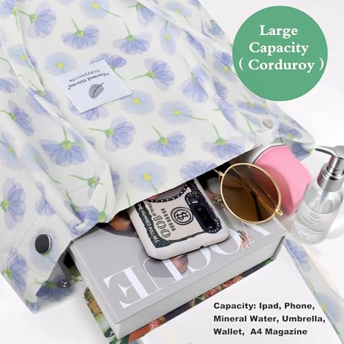 Corduroy Tote Bag for Women Small Canvas Shoulder Purse Cord Handy Bag with Inner Pocket | with Front Pocket - color: 03 Floral-1