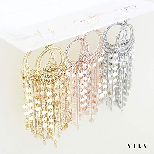 Bohemian Boho Tassel Dangle Drop Earrings for Women – Lightweight Filigree Gypsy Coin Chandelier Disc Charm Hoops – included Gift Box - style: Round - Silver