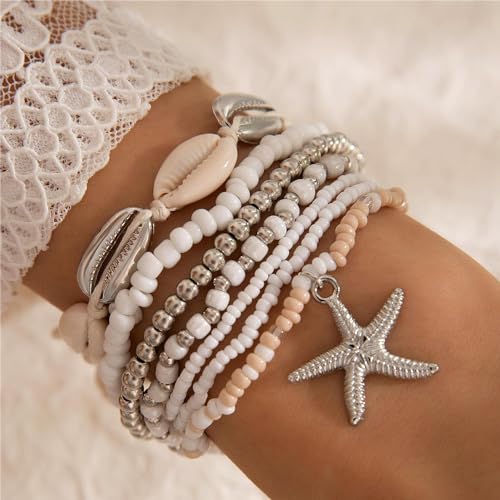 Beach Bracelets for Women Bohemian Stackable Heishi Surfer Bracelet Set Elastic Seashell Starfish Boho Friendship Bracelets for Summer Beach Party Holiday Vacation Jewelry - color: 7PCS-Silver