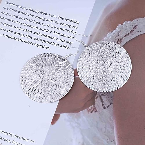 Boho Texture Disc Earrings - Gold Coin Vintage Drop Earrings, Hammered Round Circle Dangle Jewelry for Women - color: Silver