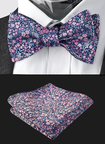 Alizeal Mens 2pcs Classic Floral Pattern Self-tied Bow Tie and Handkerchief Set - color: 045-navy/ Blue/ Pink