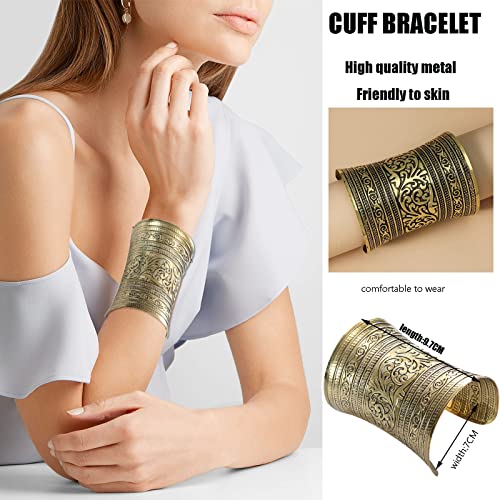 SONNYX 2 PCS Cuff Bracelets for Women Vintage Ethnic Wide Open Chunky Gold Silver Wrist Cuff Warp Bracelets for Cosplay or Belly Dance - color: GOLD 1