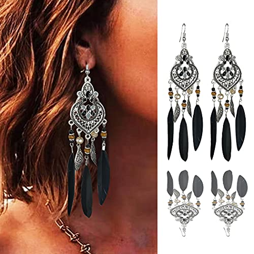 Bohemian Earrings Feather Tassel Silver Ethnic Retro Boho Dangle Earring Bead Women Jewelry for Birthday Party Gifts (Black) - color: Black