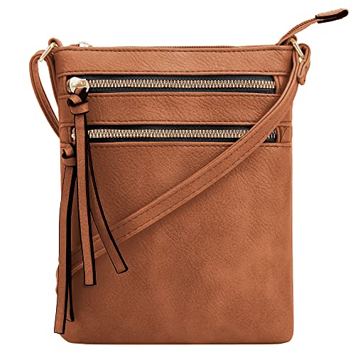 DELUXITY Crossbody Purse Bag Shoulder Bag Multi Pocket Zipper Purse - color: Cognac