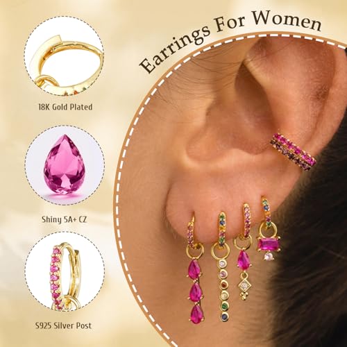 6pcs Gold Hoop Earring Stacks For Women Dainty Colorful Cubic Zirconia Huggie Earrings 18k Gold Hoop Earrings Cartilage Stud Earring Sets For Multiple Piercing - style: Fashion-A