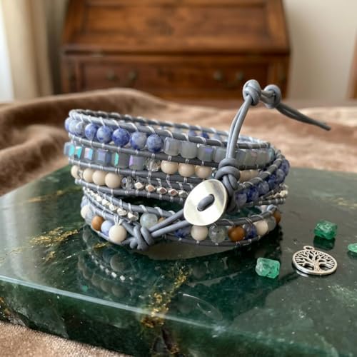 YGLINE Boho Handmade Wrap Leather Tube Crystal Stone Bracelet for Women - color: Topaz-5w