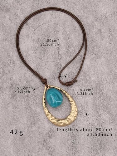 GelConnie Leather Necklace for Women Round Wooden Pendant Long Leather Choker Vintage Sweater Necklace Gold Chunky Boho Necklaces for Women - style: Blue Stone Leather Necklace