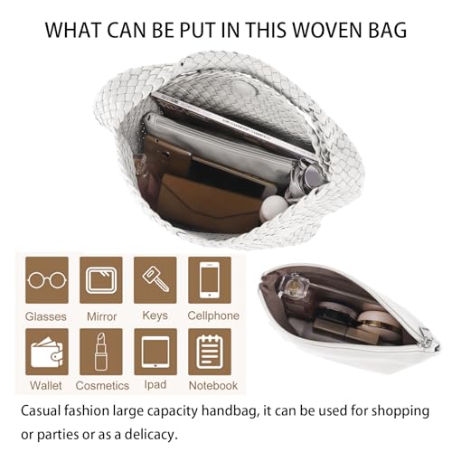 Woven Tote Bag For Women, Large Vegan Leather Travel Handbag, Casual Work Shoulder Bag, Underarm Commuter Hobo Bag With Purse - color: White