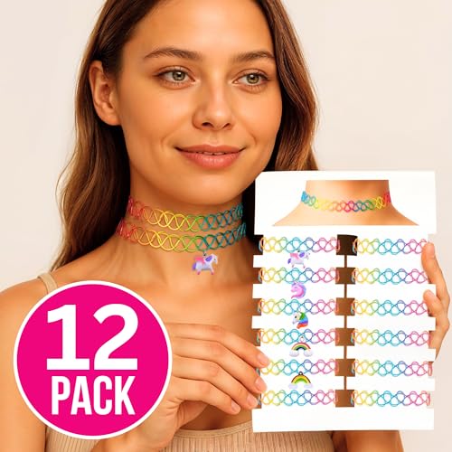 BodyJ4You 12PC Tattoo Choker Necklace for Women - 90s Choker Necklaces Y2K Fashion Trendy Vintage - Emo Black Choker Rainbow Pink White Purple Neon Green Blue Daisy Flower - color: Rainbow, Purple, Pink