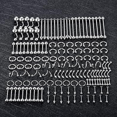 Oveta 150-151PCS Body Piercing Jewelry Lot 14G 16G 20G Stainless Steel Nose Lip Tongue Cartilage Tragus Eyebrow Industrial Barbell Belly Button Rings Piercing Kit Jewelry - style: 151pcs-Silver