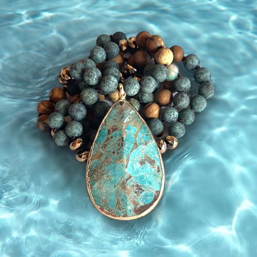 Long Genuine Stone beads and Pendant Necklace for Woman. Hand Knotted natural stone beads with big non-precious stone statement necklace. HANDMADE Boho Jewelry for women. - color: Turquoise Green