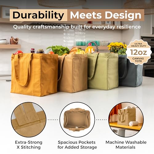 VeraMia Canvas Grocery Bag 3pc XL Set with Real Pockets, Long Shoulder Strap and Short Handle. Heavy Duty, Foldable, Washable - color: Paper Bag