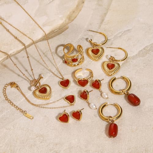 Boho Red Heart Gold Band Rings Pearl Ring, Dainty Adjustable Statement Rings, Open Wrap Stackable Finger Ring Gold Fashion Jewelry Gifts for Women - color: Gold Hollow Ring - Ruby