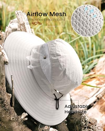 FURTALK Womens Sun Hat with Ponytail Hole Beach Hiking Summer Wide Brim UPF 50+ Outdoor Protection Foldable Bucket Hat - color: Light Grey