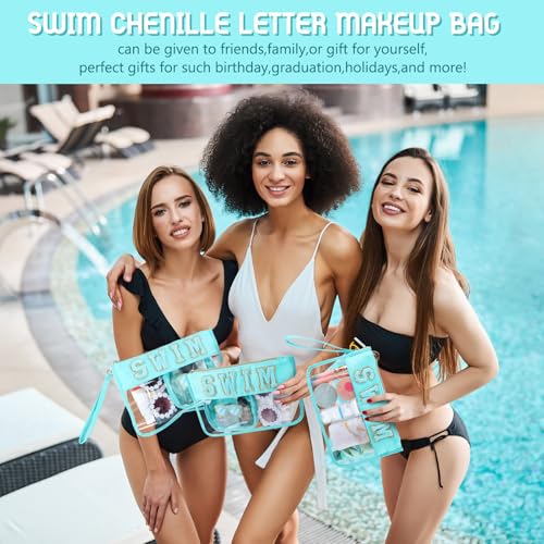 Hillban 2 Pcs Swim Bag Chenille Letter Preppy Patch Makeup Pouch Flat Clear Pouch PVC Organizer Purse Waterproof Travel Cosmetic Bags Pool Swim Coach Team Gifts for Women - style: Swim Theme