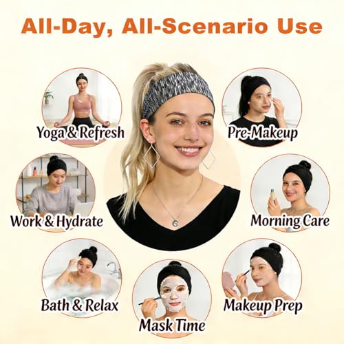5 Pack Wide Headbands for Women, Sweat-Absorbing Sport Sweatbands, Soft Elastic Yoga Hairbands, Comfortable Hair Bands for Fitness Workout Travel Exercise - color: Black, Dark Gray, Light Gray, Dark Green, Striped Black