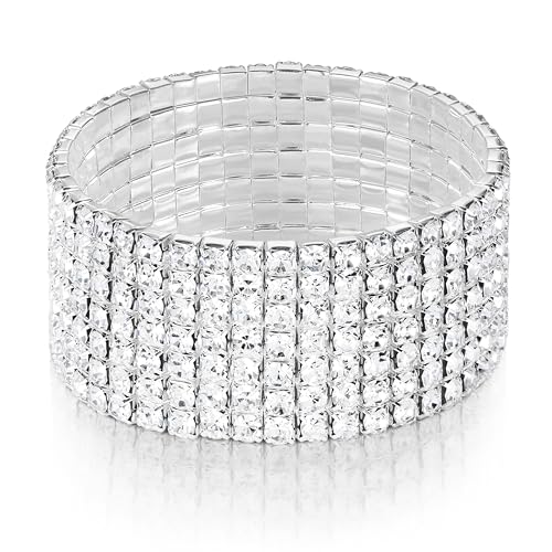 Zealmer Sparkle Multicolor Rhinestone Stackable Stretch Bracelets for Women - color: 7 Row Silver Bracelet