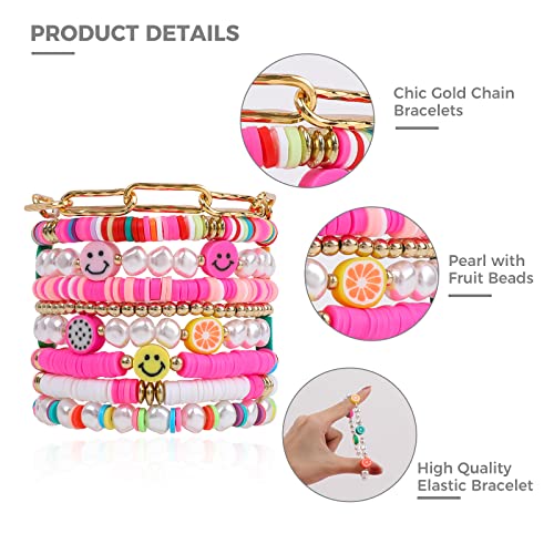 Colorful Heishi Surfer Bracelets Set for Women Stackable Clay Beaded Bracelets Disc Stretch Preppy Bracelets Smiley Face Friendship Bracelets Team Cheer Bulk Boho Summer Beach Jewelry Gift - color: Pink Preppy Beads
