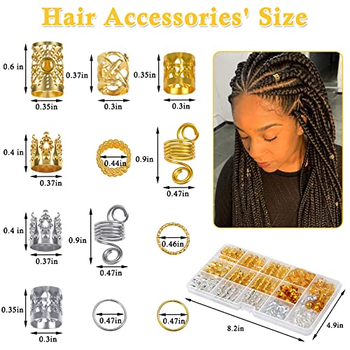 262 Pcs Dreadlock Accessories for Women, Hair Jewelry for Braids Loc Jewelry Hair Decorations, Gold and Silver Hair Accessories, Adjustable Hair Charms Hair Rings for Braids Adult Loc Braid Jewelry