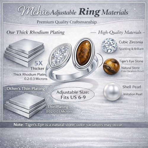 Mchic Adjustable Chunky Rings for Women: Dainty Natural Gemstone Ring Stainless Steel 18K Gold/Silver Plated Band Rings Non Tarnish Waterproof Statement Fashion Jewelry Gift for Women - color: Silver+Tiger Eye Stone+Cubic Zirconia