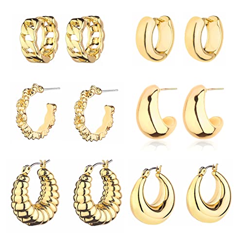HILXURY Gold Chunky Hoop Earrings Set for Women, 14K Gold Plated Twisted Huggie Hoop Earring Hypoallergenic, Thick Open Hoops Set Lightweight - color: 6 gold chunky hoops