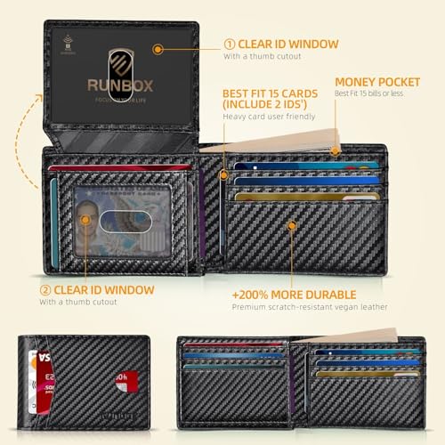 RUNBOX Wallet for Men -Slim Rfid Leather Mens Bifold Novelty Wallets 2 ID Window With Gift Box Men's Accessories | Slim - color: Carbon Black-15 slots