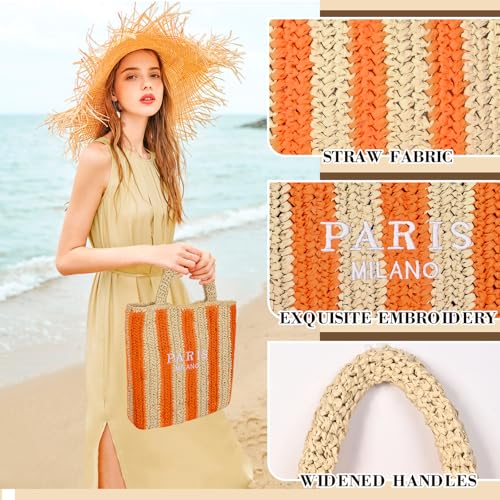 Straw Beach Bag for Women Summer Woven Tote Bag Packable Straw Purses and Handbags for Vacation Holiday - color: M-orange