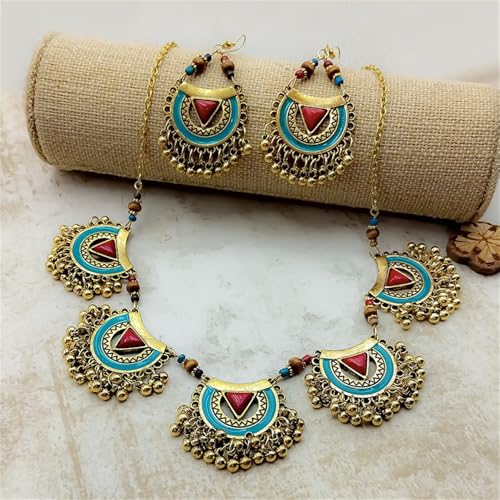 Bohemian Jhumkas Jewellery Set Vintage Oxidized Tribal Bollywood Traditional Jhumka Tassel Beaded Choker Necklace for Women Bride Ethnic Dangle Earrings Wedding Party Fashion Indian Costume Gifts
