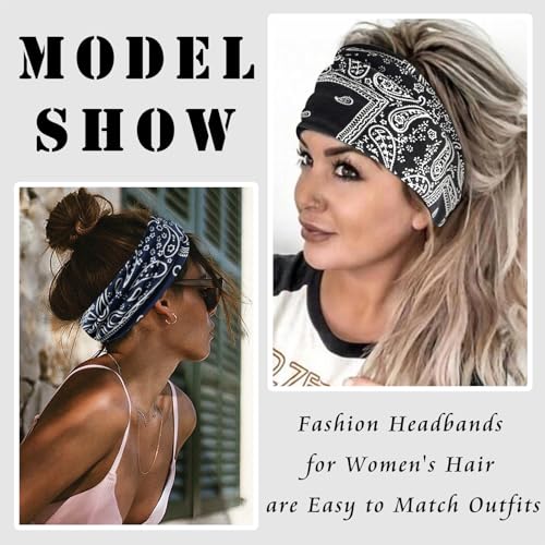 FULZTEY Wide Boho Headbands for Women Paisley Red Bandana Head Bands Non Slip Knotted Hairbands Elastic Sport Workout Headwraps Large African Thick Turban Fashion Hair Accessories 4Pcs - color: Style 111
